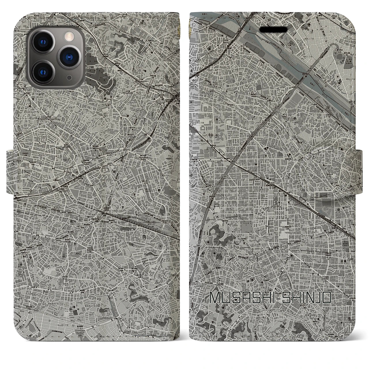 【武蔵新城(神奈川県)】地図柄iPhoneケース(手帳タイプ)モノトーン・iPhone 11 Pro Max 用