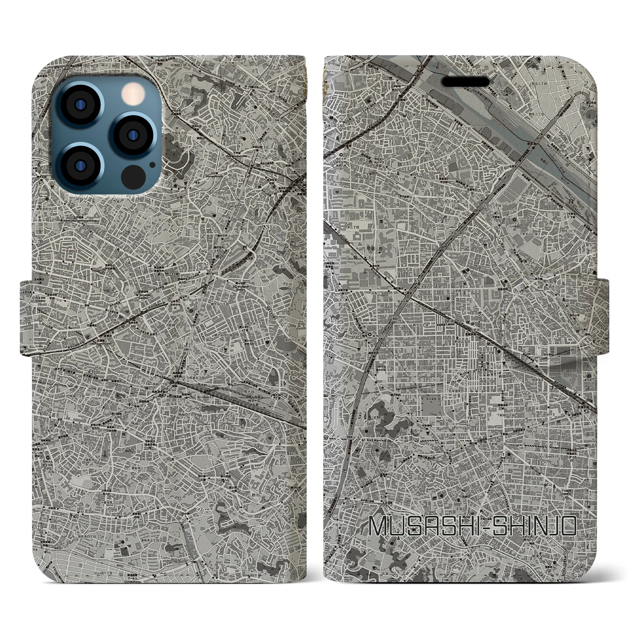 【武蔵新城(神奈川県)】地図柄iPhoneケース(手帳タイプ)モノトーン・iPhone 12 / 12 Pro 用