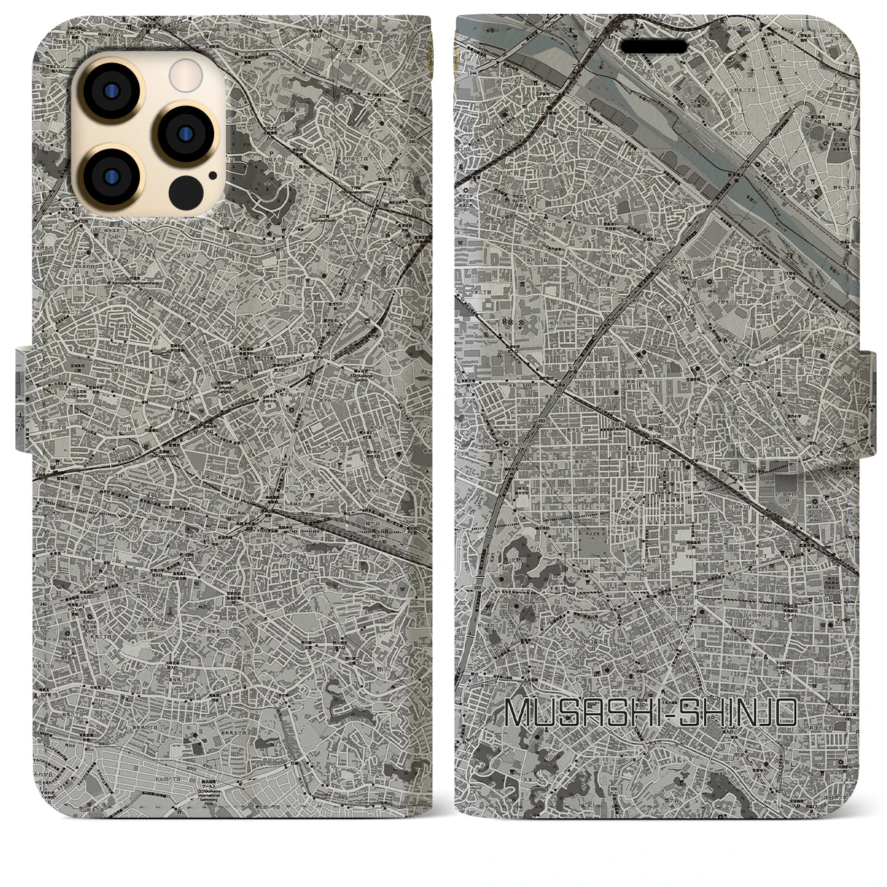 【武蔵新城(神奈川県)】地図柄iPhoneケース(手帳タイプ)モノトーン・iPhone 12 Pro Max 用