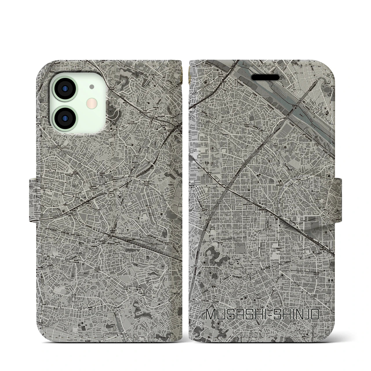 【武蔵新城(神奈川県)】地図柄iPhoneケース(手帳タイプ)モノトーン・iPhone 12 mini 用