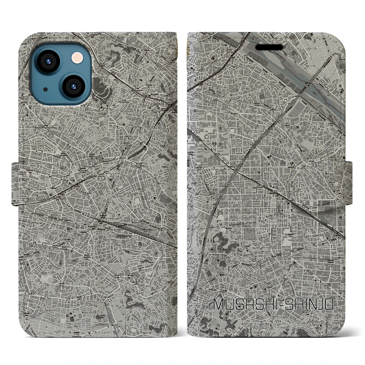 【武蔵新城(神奈川県)】地図柄iPhoneケース(手帳タイプ)モノトーン・iPhone 13 用