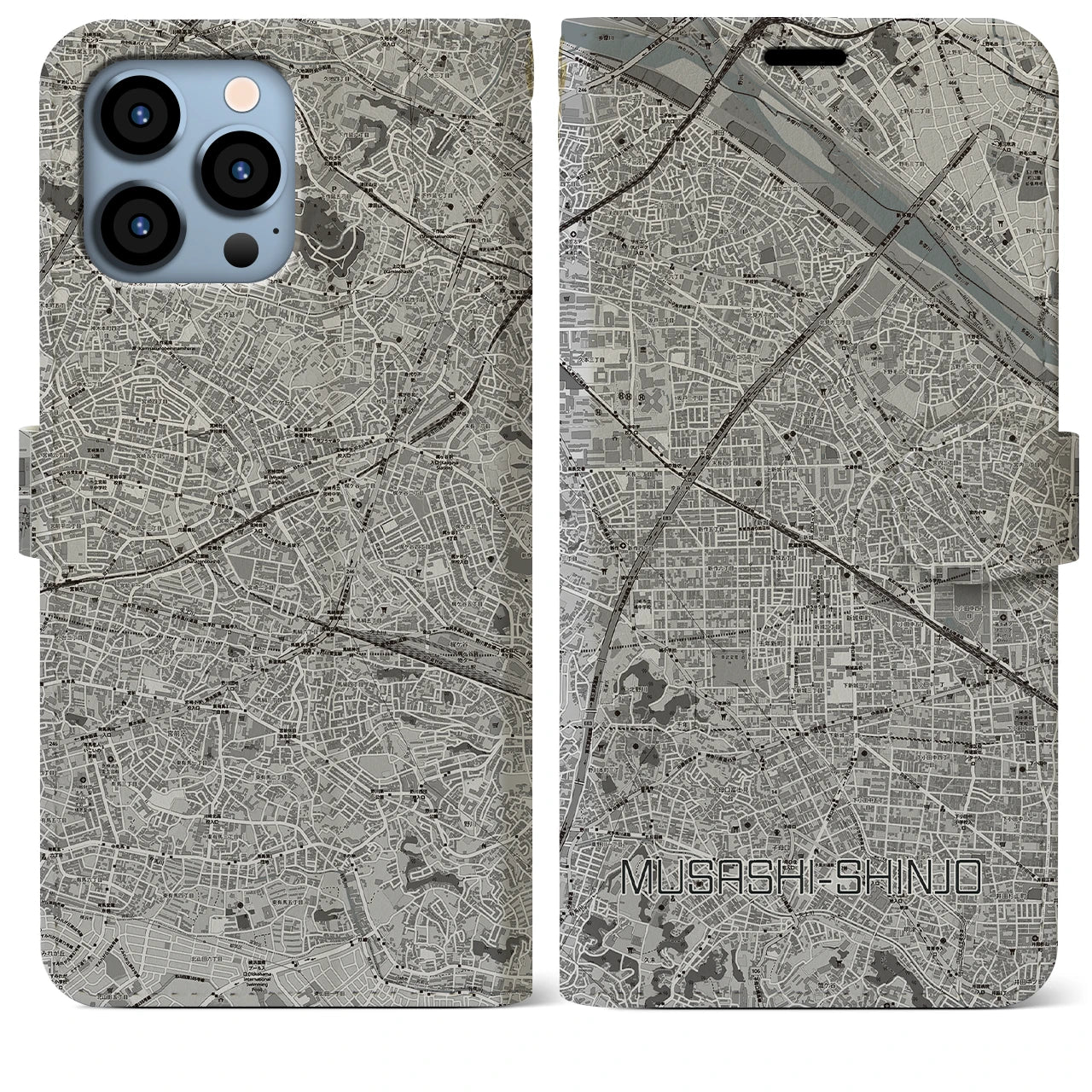 【武蔵新城(神奈川県)】地図柄iPhoneケース(手帳タイプ)モノトーン・iPhone 13 Pro Max 用