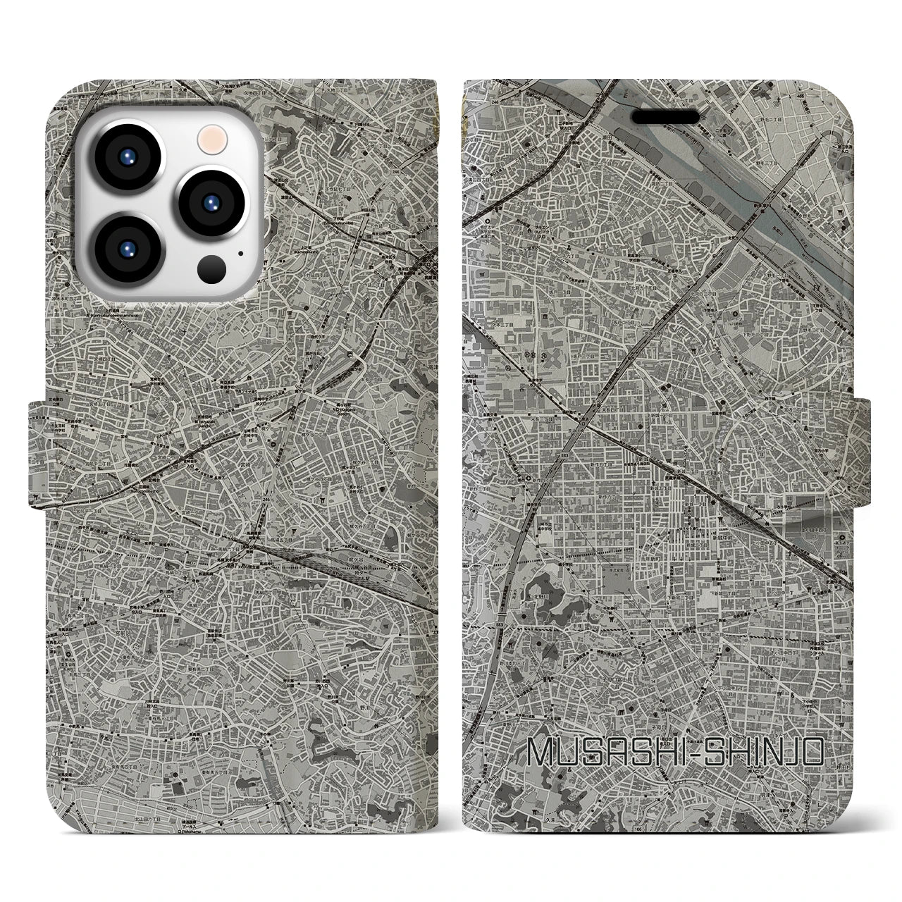 【武蔵新城(神奈川県)】地図柄iPhoneケース(手帳タイプ)モノトーン・iPhone 13 Pro 用
