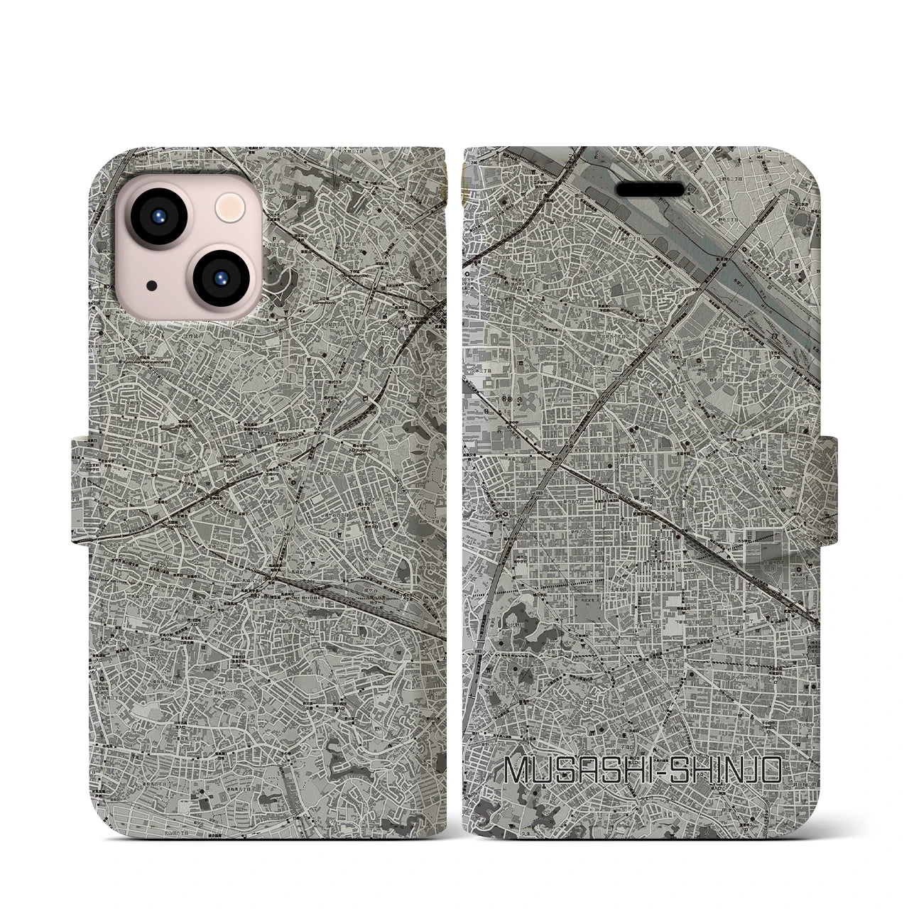 【武蔵新城(神奈川県)】地図柄iPhoneケース(手帳タイプ)モノトーン・iPhone 13 mini 用