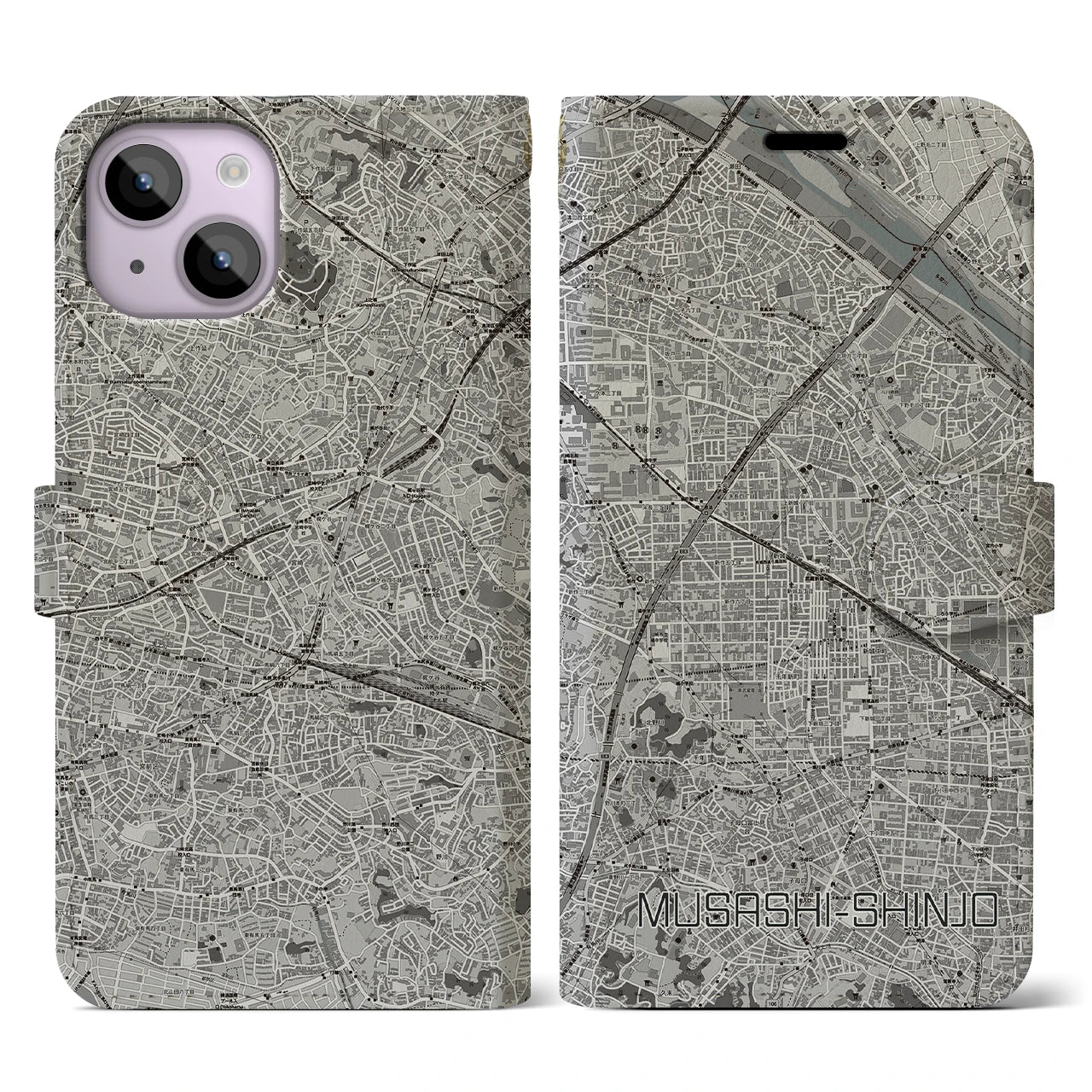 【武蔵新城(神奈川県)】地図柄iPhoneケース(手帳タイプ)モノトーン・iPhone 14 用