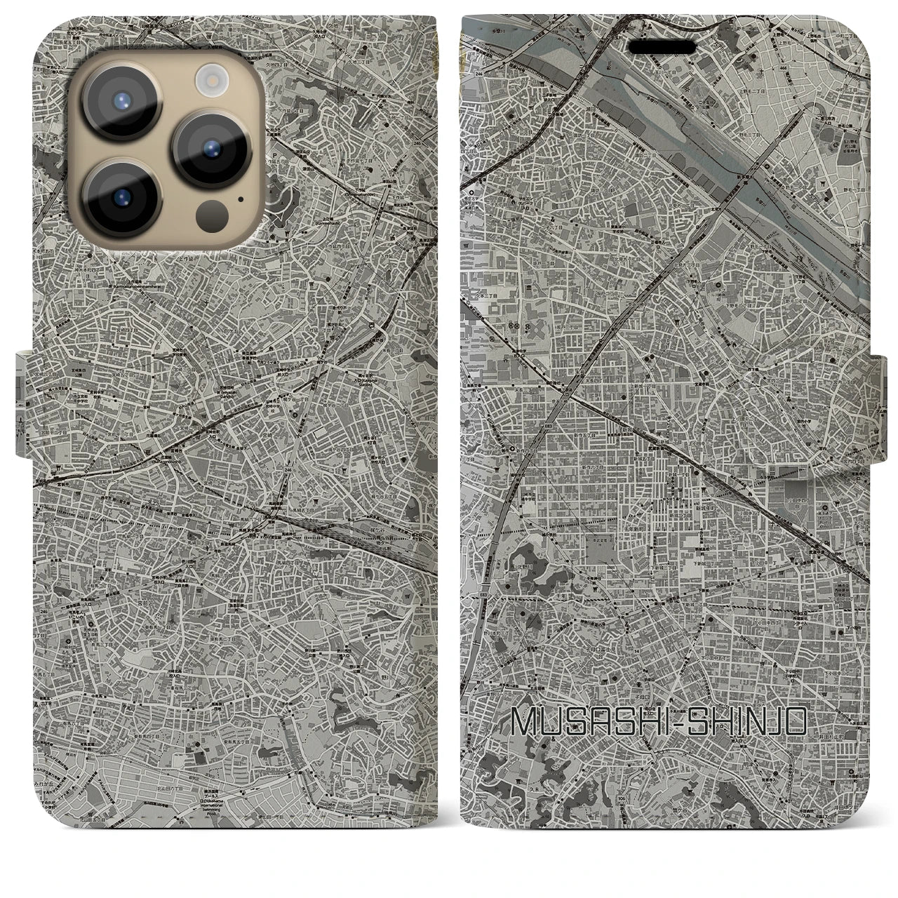 【武蔵新城(神奈川県)】地図柄iPhoneケース(手帳タイプ)モノトーン・iPhone 14 Pro Max 用