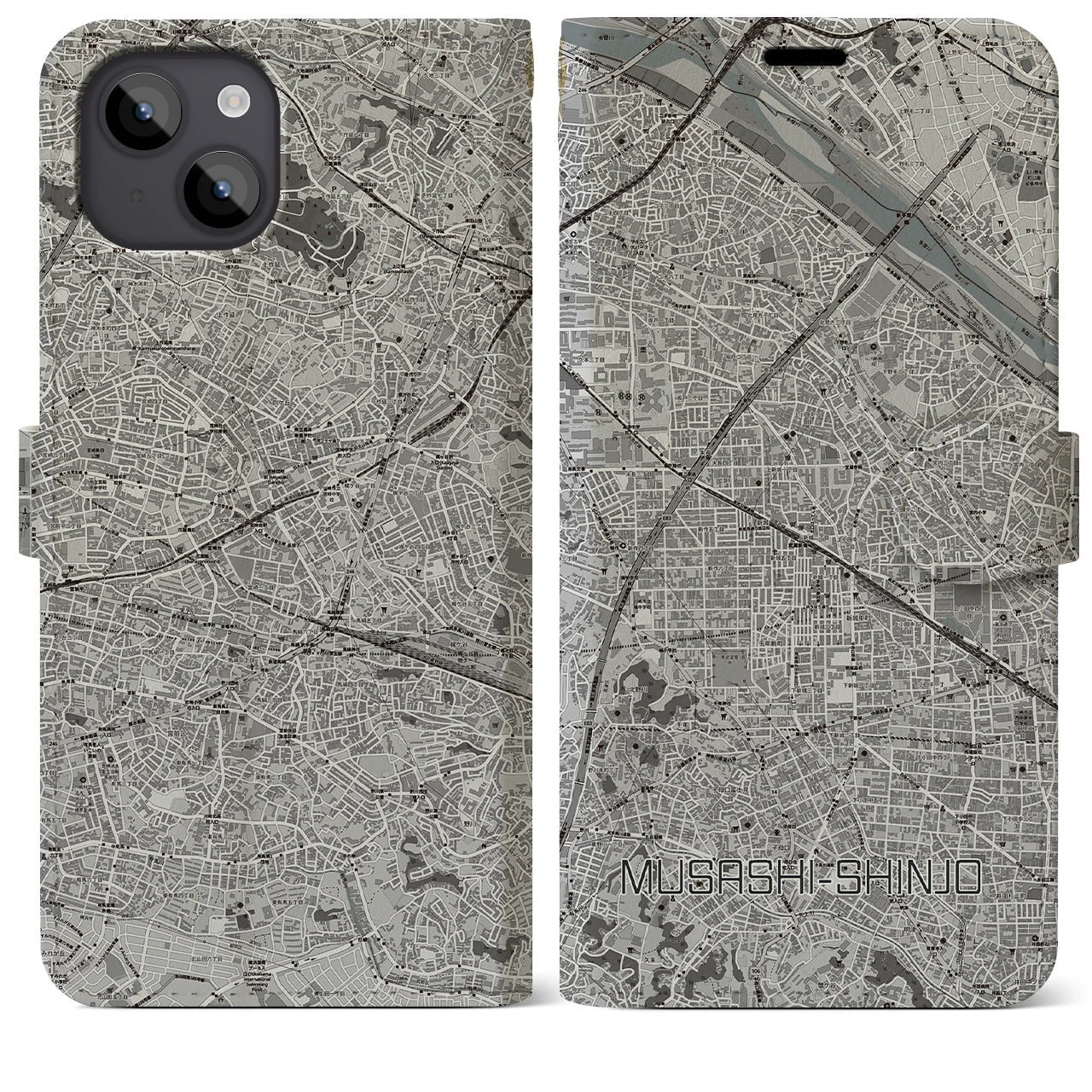 【武蔵新城(神奈川県)】地図柄iPhoneケース(手帳タイプ)モノトーン・iPhone 14 Plus 用