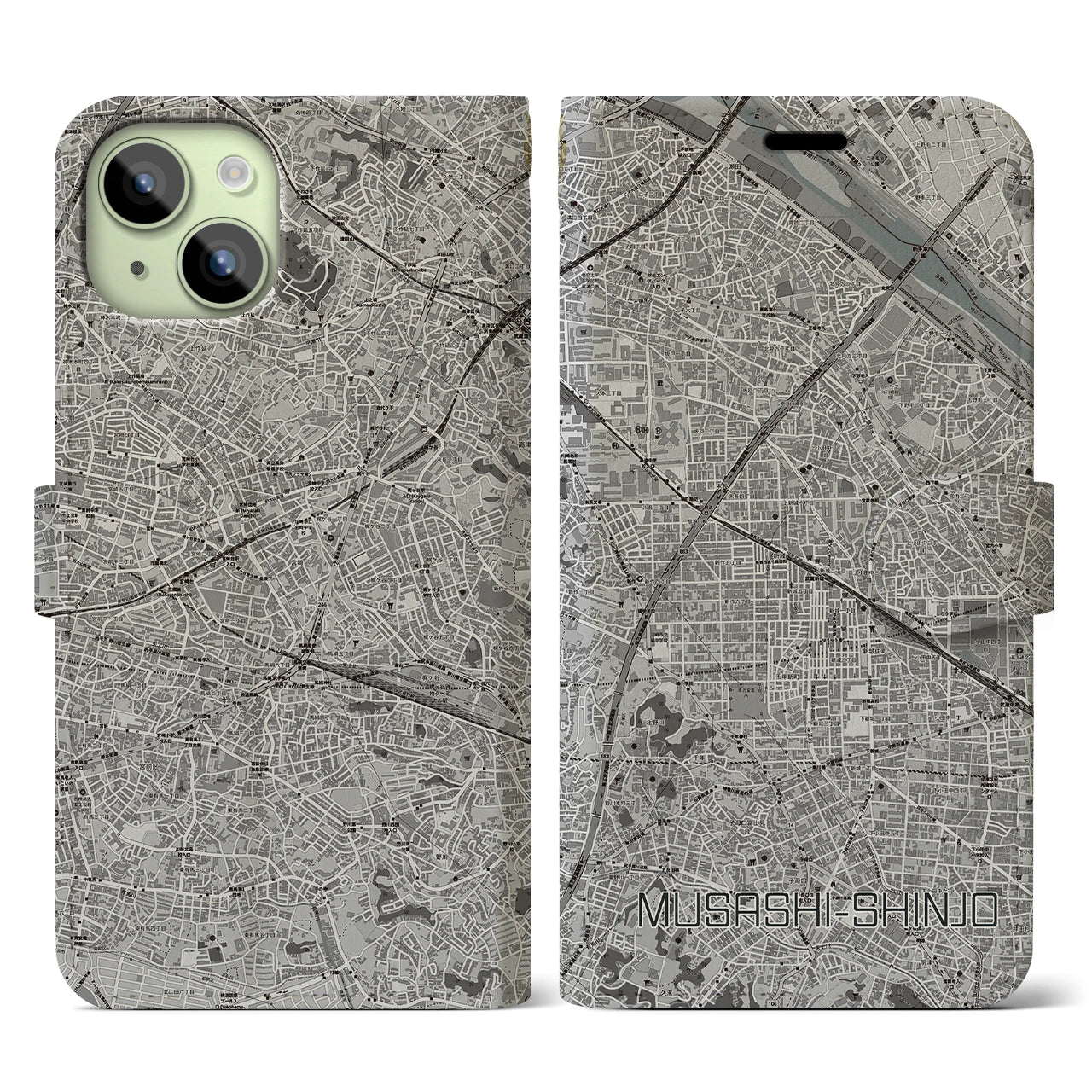 【武蔵新城(神奈川県)】地図柄iPhoneケース(手帳タイプ)モノトーン・iPhone 15 用