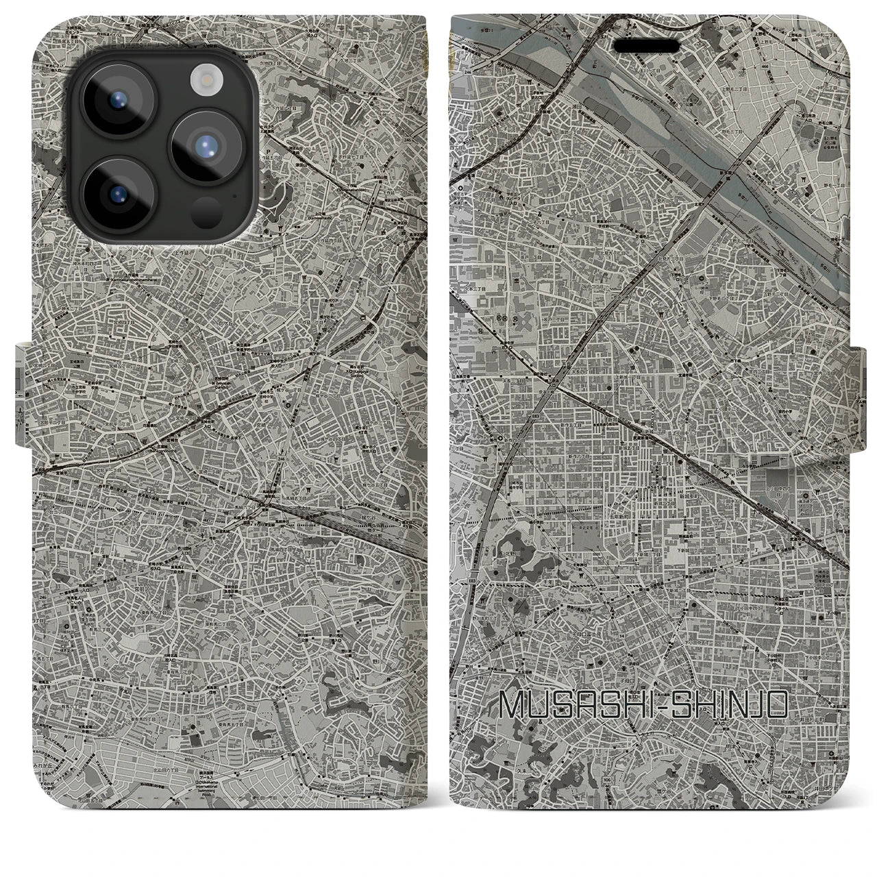【武蔵新城(神奈川県)】地図柄iPhoneケース(手帳タイプ)モノトーン・iPhone 15 Pro Max 用