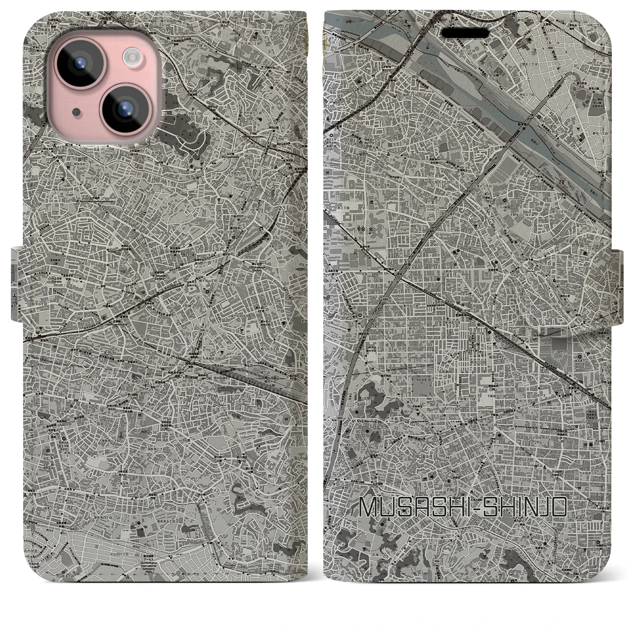 【武蔵新城(神奈川県)】地図柄iPhoneケース(手帳タイプ)モノトーン・iPhone 15 Plus 用