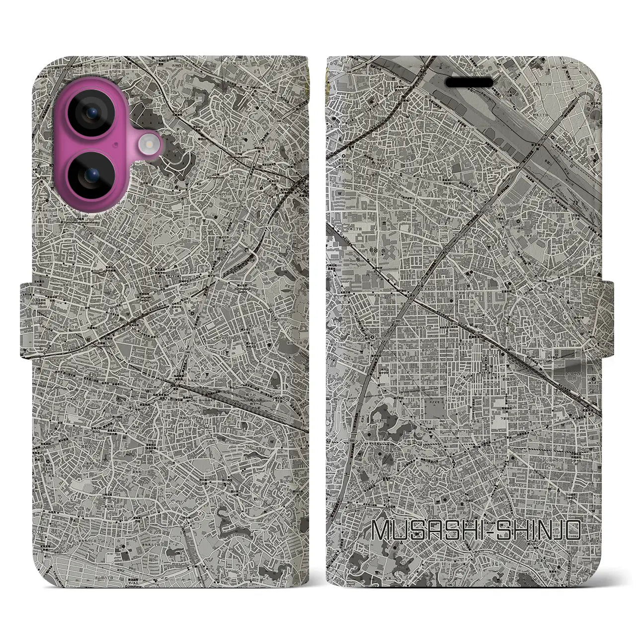 【武蔵新城(神奈川県)】地図柄iPhoneケース(手帳タイプ)モノトーン・iPhone 16 Pro 用