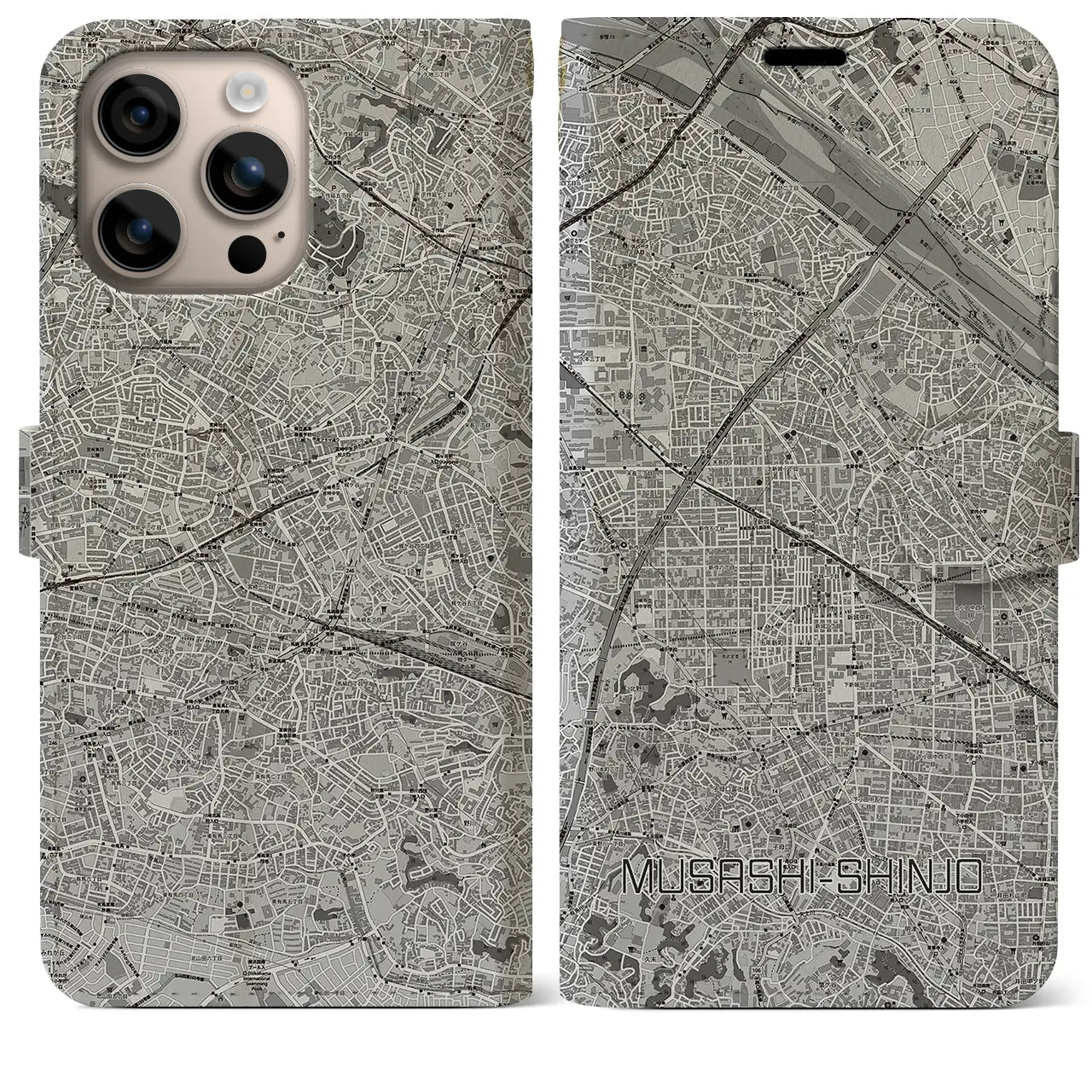 【武蔵新城(神奈川県)】地図柄iPhoneケース(手帳タイプ)モノトーン・iPhone 16 Plus 用