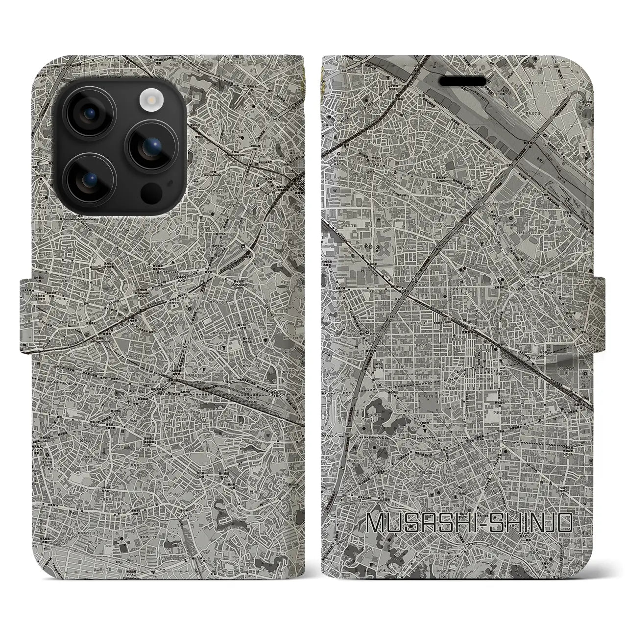 【武蔵新城(神奈川県)】地図柄iPhoneケース(手帳タイプ)モノトーン・iPhone 16 用
