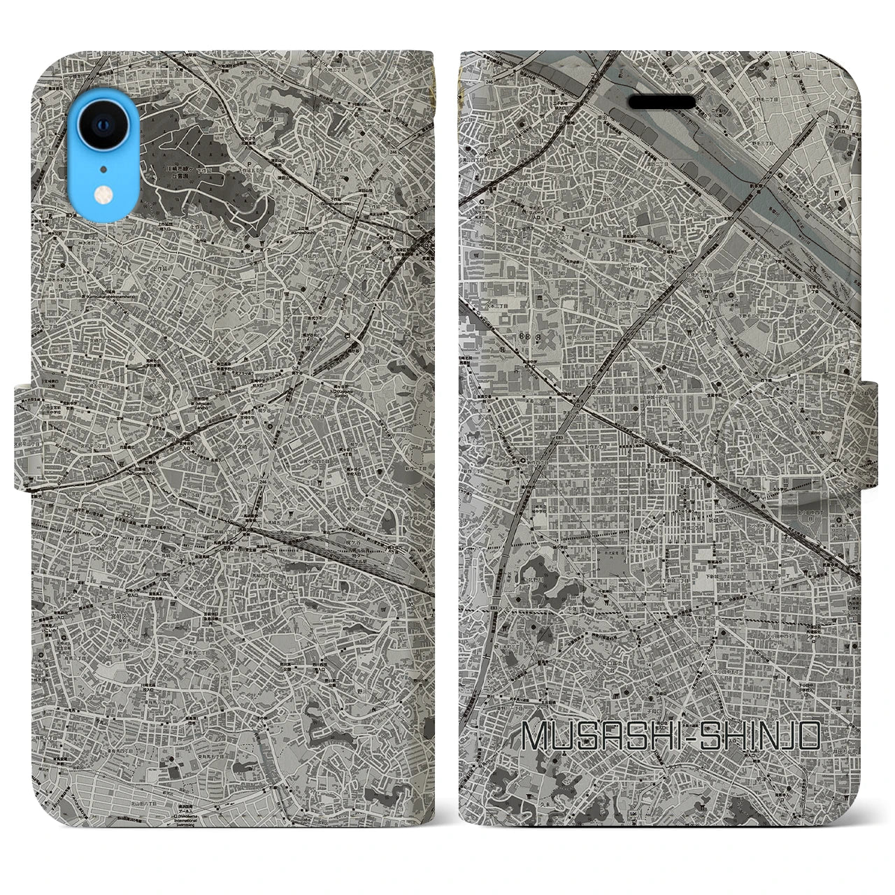 【武蔵新城(神奈川県)】地図柄iPhoneケース(手帳タイプ)モノトーン・iPhone XR 用