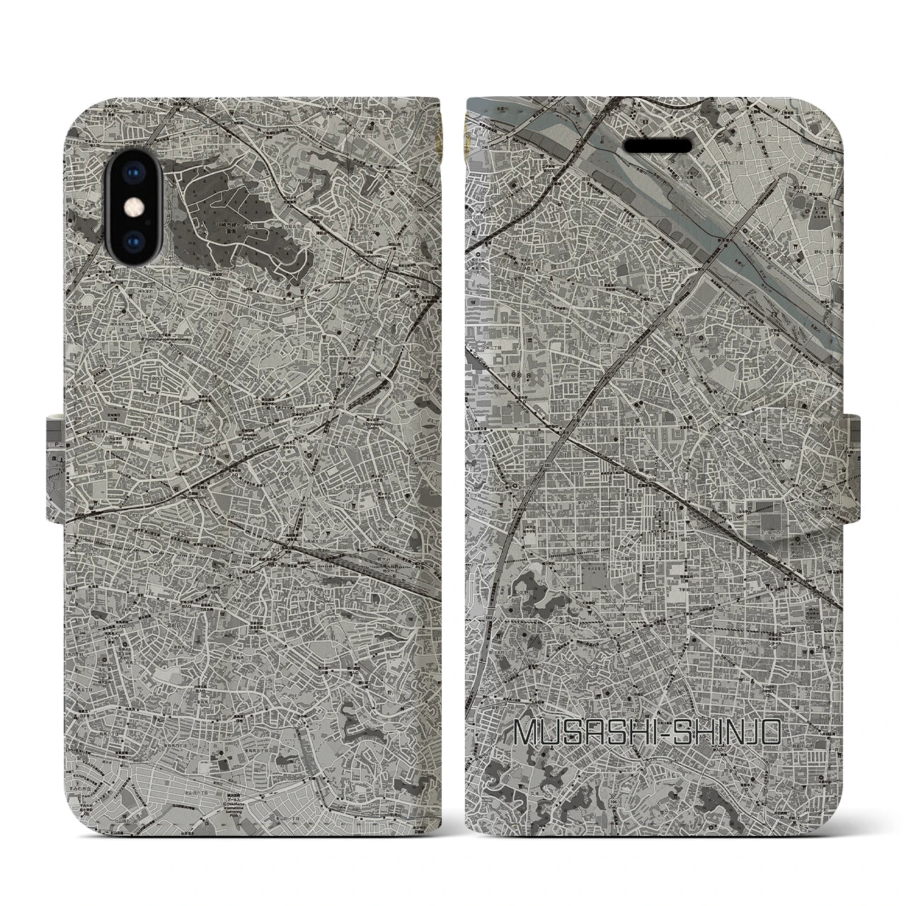 【武蔵新城(神奈川県)】地図柄iPhoneケース(手帳タイプ)モノトーン・iPhone XS / X 用