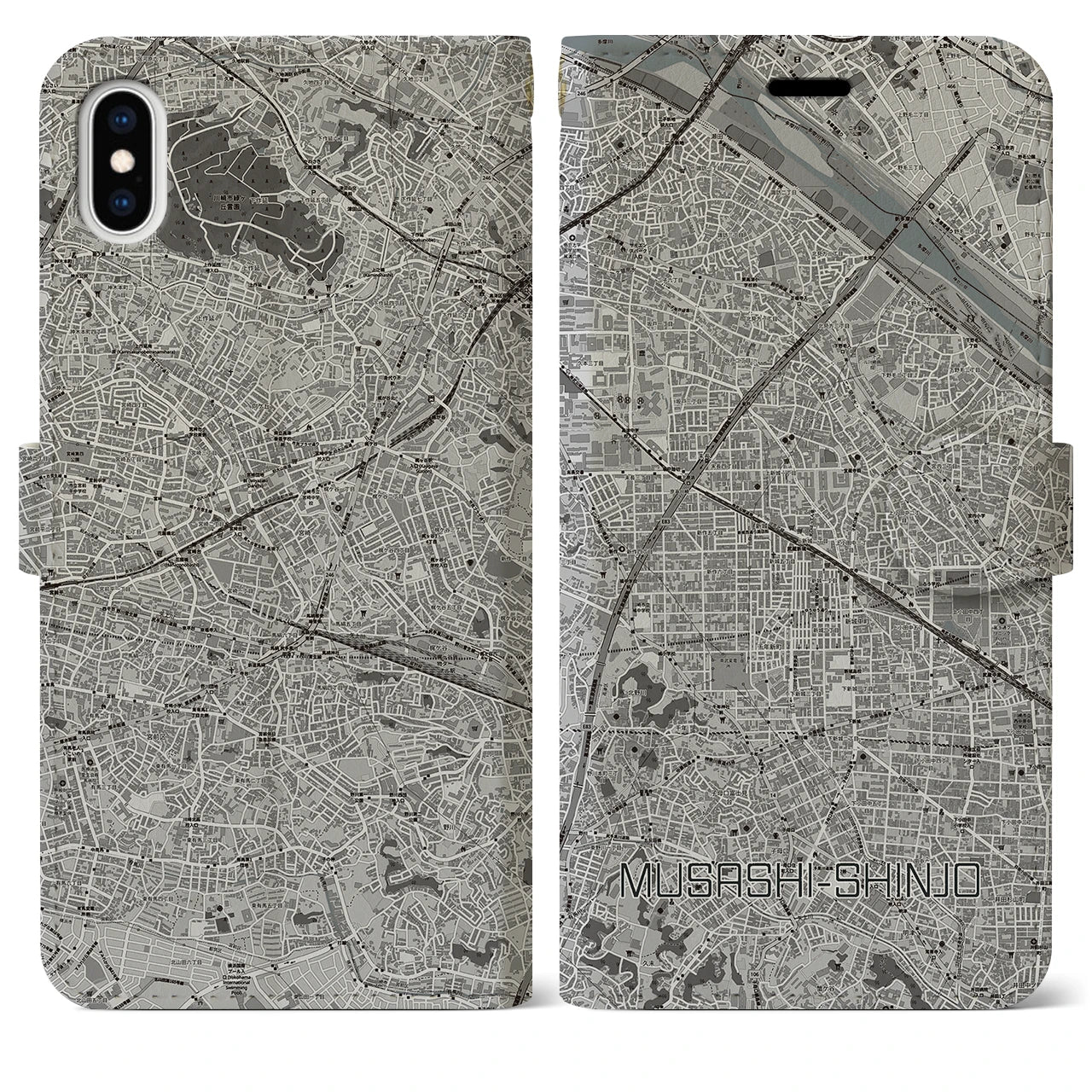 【武蔵新城(神奈川県)】地図柄iPhoneケース(手帳タイプ)モノトーン・iPhone XS Max 用