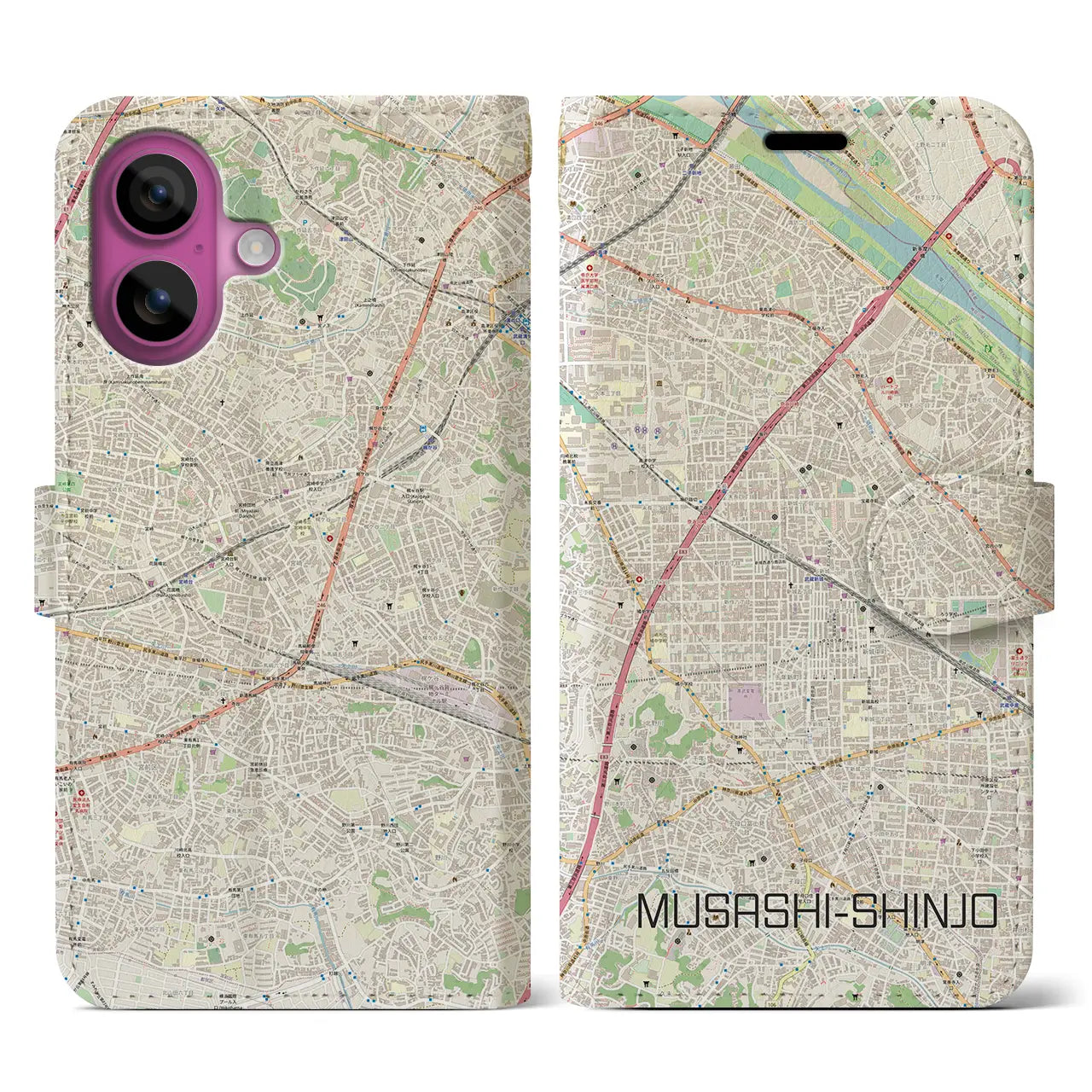 【武蔵新城(神奈川県)】地図柄iPhoneケース(手帳タイプ)ナチュラル・iPhone 16 Pro 用