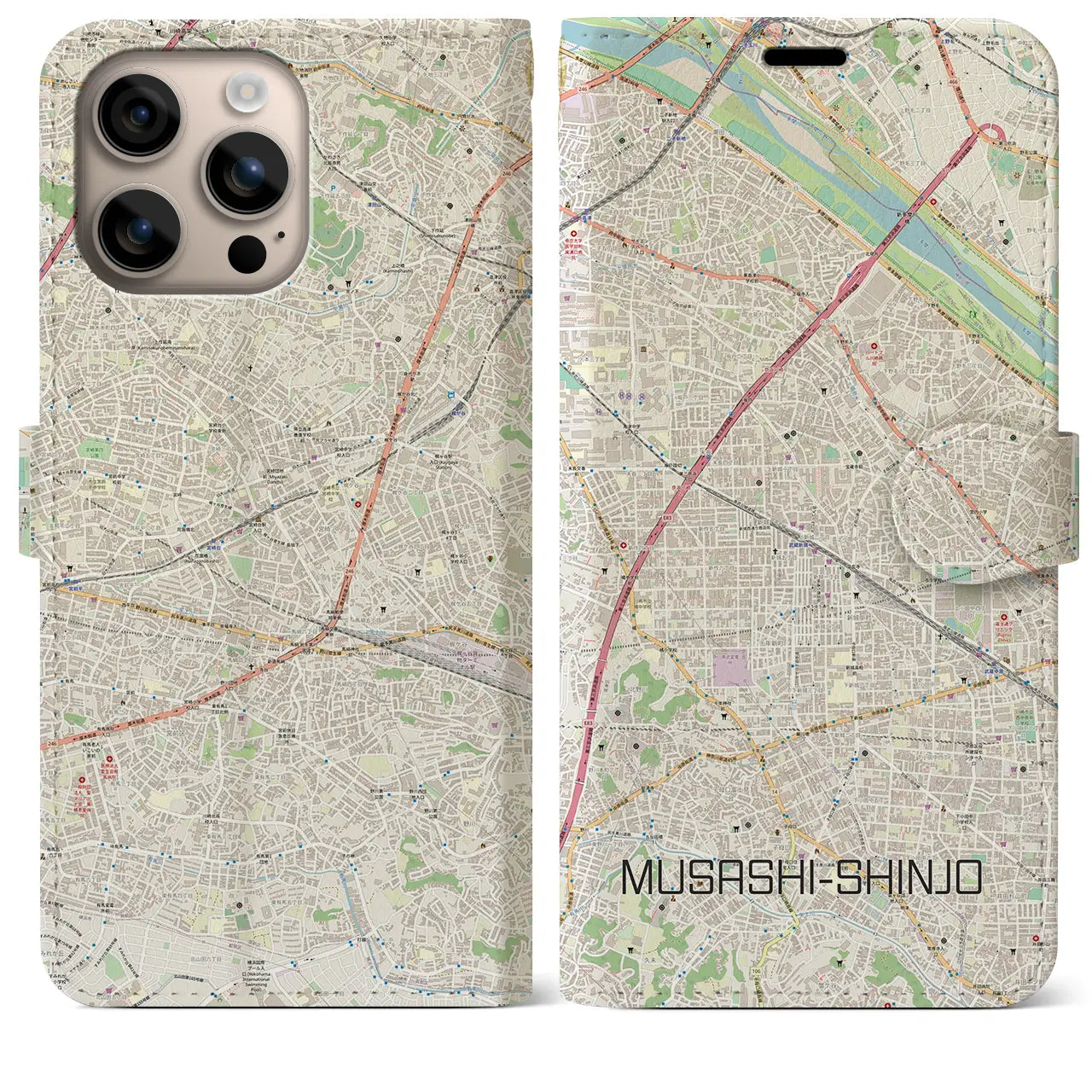 【武蔵新城(神奈川県)】地図柄iPhoneケース(手帳タイプ)ナチュラル・iPhone 16 Plus 用