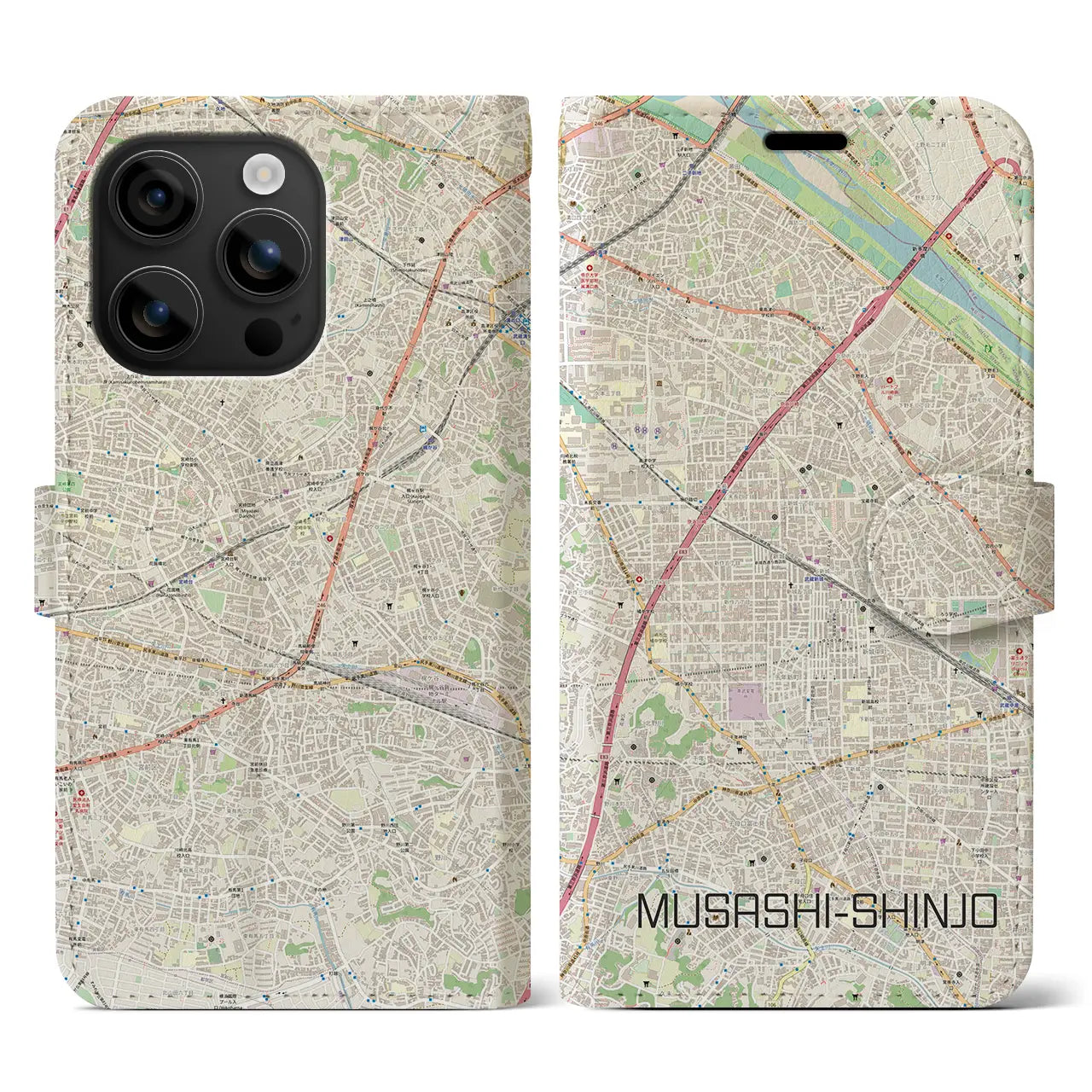 【武蔵新城(神奈川県)】地図柄iPhoneケース(手帳タイプ)ナチュラル・iPhone 16 用