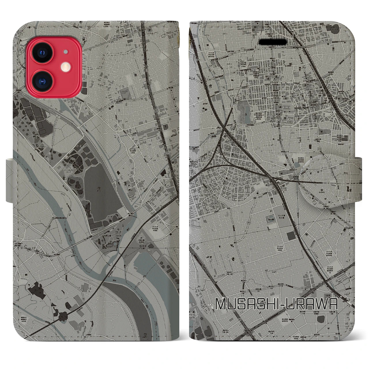【武蔵浦和(埼玉県)】地図柄iPhoneケース(手帳タイプ)モノトーン・iPhone 11 用