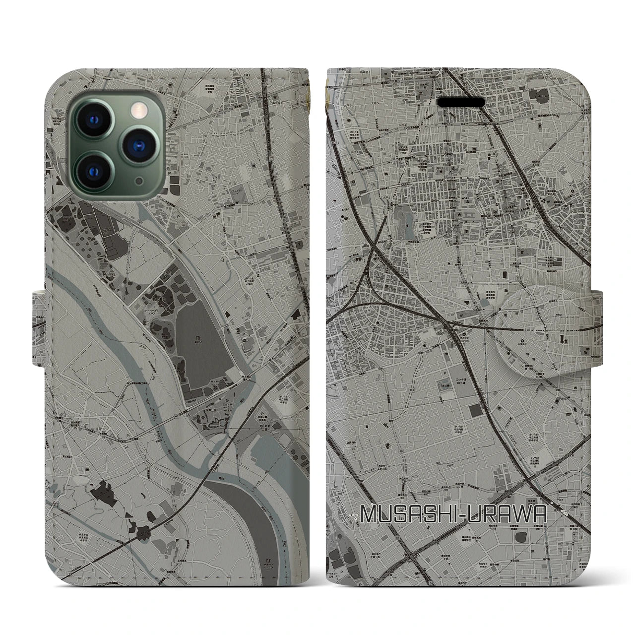 【武蔵浦和(埼玉県)】地図柄iPhoneケース(手帳タイプ)モノトーン・iPhone 11 Pro 用
