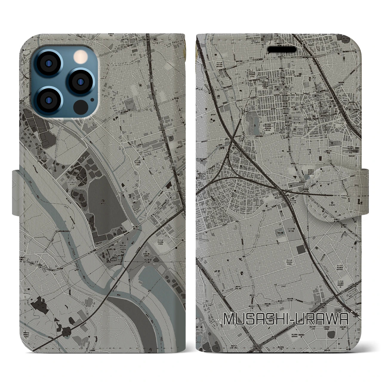 【武蔵浦和(埼玉県)】地図柄iPhoneケース(手帳タイプ)モノトーン・iPhone 12 / 12 Pro 用