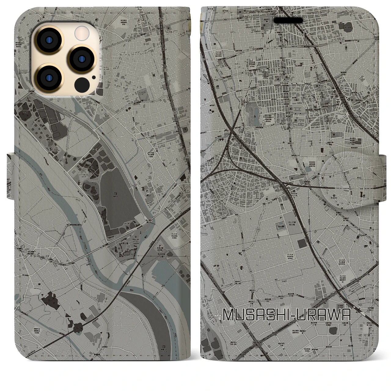 【武蔵浦和(埼玉県)】地図柄iPhoneケース(手帳タイプ)モノトーン・iPhone 12 Pro Max 用