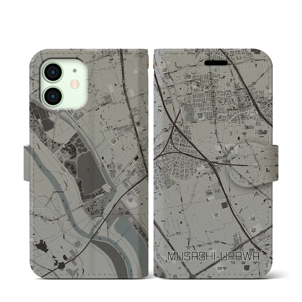 【武蔵浦和(埼玉県)】地図柄iPhoneケース(手帳タイプ)モノトーン・iPhone 12 mini 用