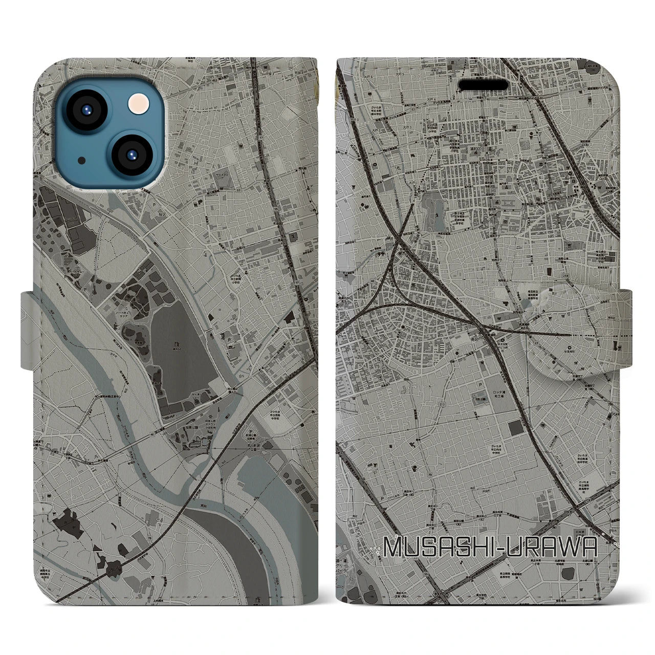 【武蔵浦和(埼玉県)】地図柄iPhoneケース(手帳タイプ)モノトーン・iPhone 13 用