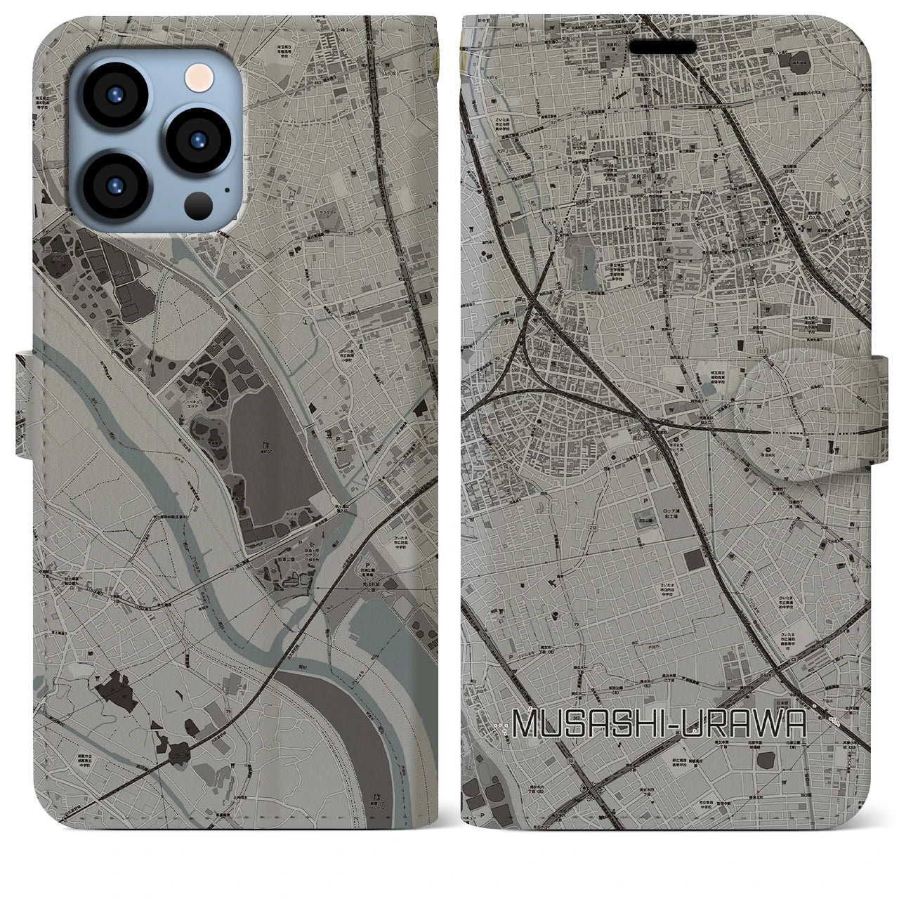 【武蔵浦和(埼玉県)】地図柄iPhoneケース(手帳タイプ)モノトーン・iPhone 13 Pro Max 用