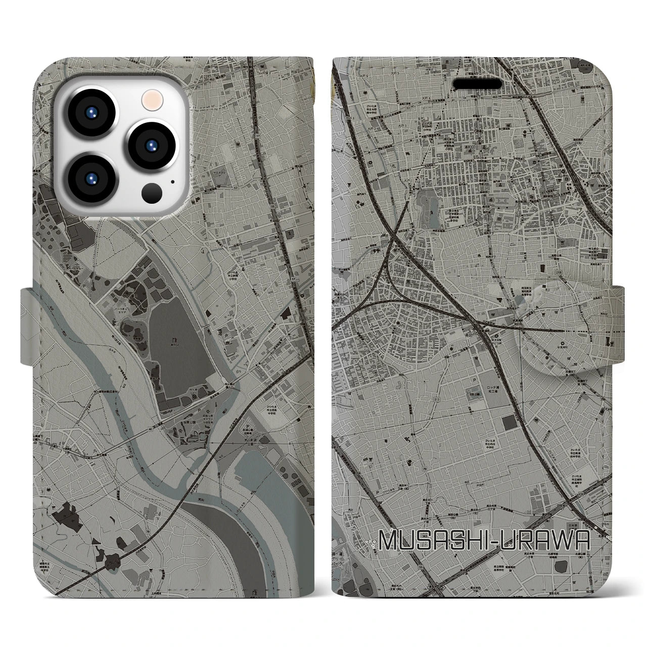 【武蔵浦和(埼玉県)】地図柄iPhoneケース(手帳タイプ)モノトーン・iPhone 13 Pro 用