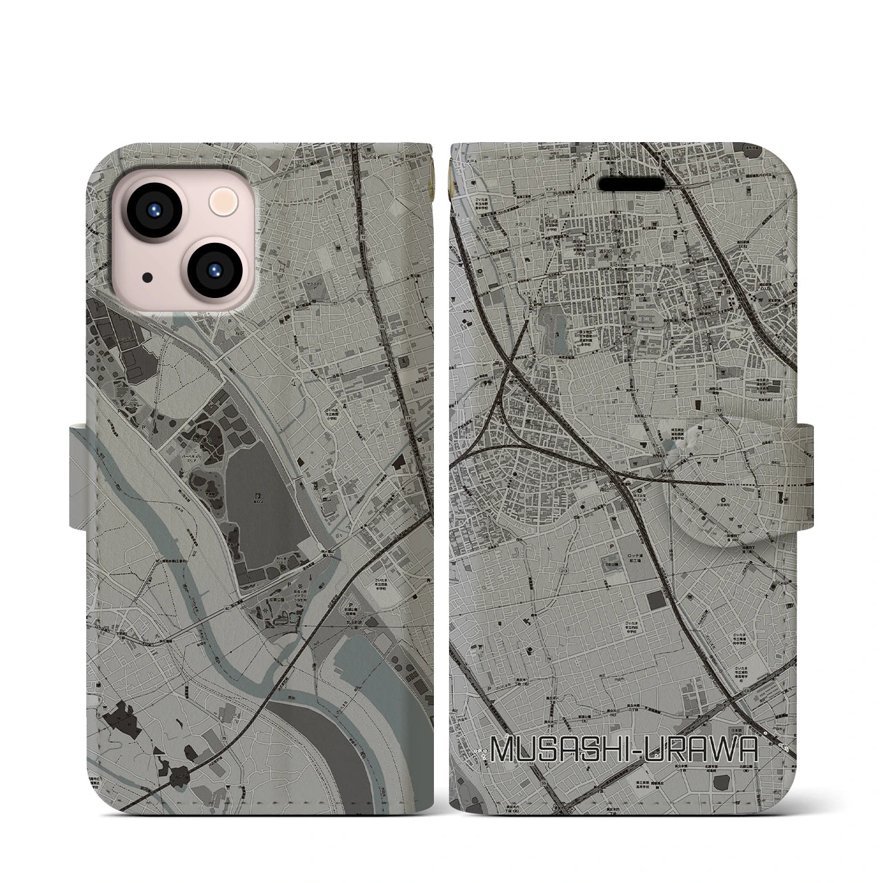 【武蔵浦和(埼玉県)】地図柄iPhoneケース(手帳タイプ)モノトーン・iPhone 13 mini 用