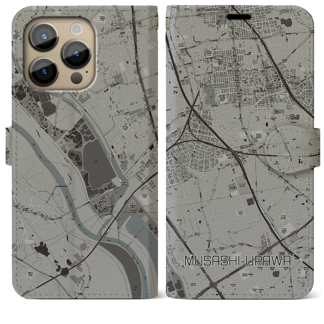 【武蔵浦和(埼玉県)】地図柄iPhoneケース(手帳タイプ)モノトーン・iPhone 14 Pro Max 用