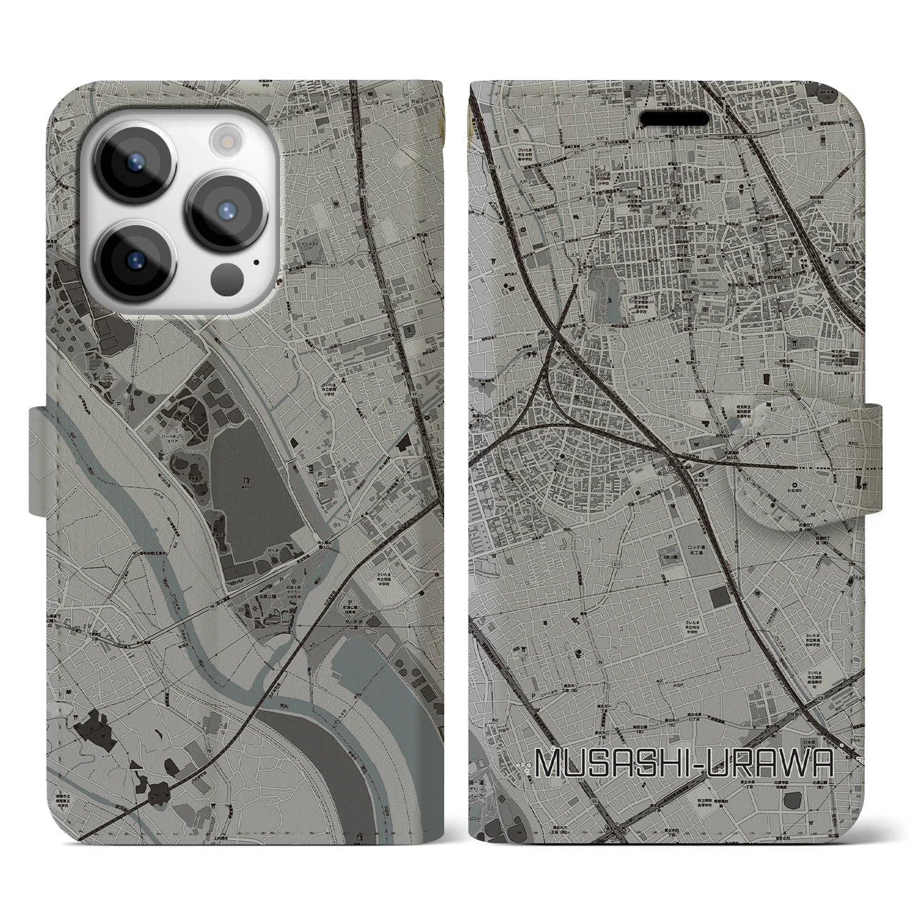 【武蔵浦和(埼玉県)】地図柄iPhoneケース(手帳タイプ)モノトーン・iPhone 14 Pro 用