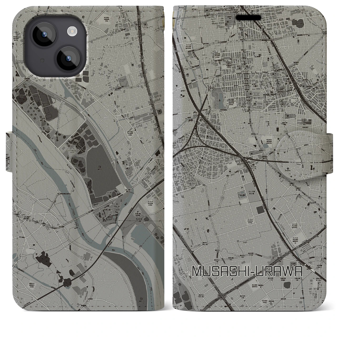 【武蔵浦和(埼玉県)】地図柄iPhoneケース(手帳タイプ)モノトーン・iPhone 14 Plus 用