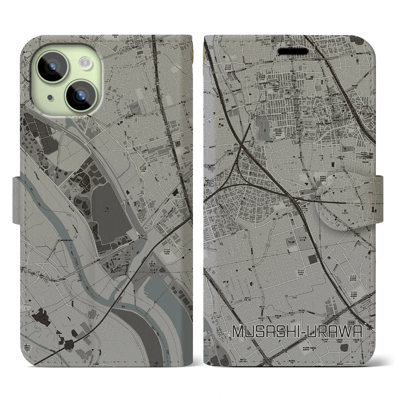 【武蔵浦和(埼玉県)】地図柄iPhoneケース(手帳タイプ)モノトーン・iPhone 15 用
