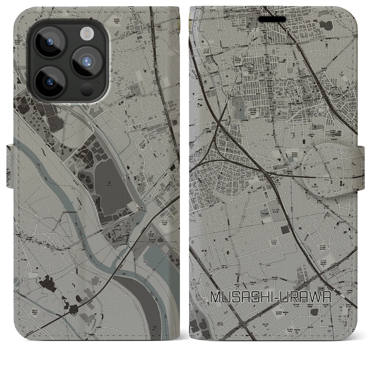 【武蔵浦和(埼玉県)】地図柄iPhoneケース(手帳タイプ)モノトーン・iPhone 15 Pro Max 用