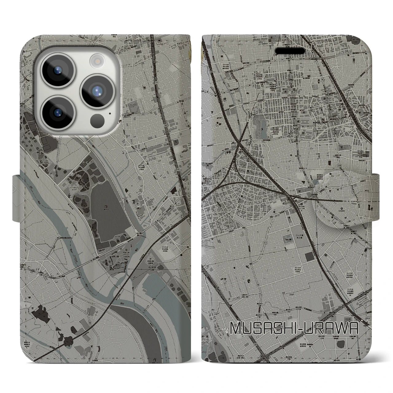 【武蔵浦和(埼玉県)】地図柄iPhoneケース(手帳タイプ)モノトーン・iPhone 15 Pro 用