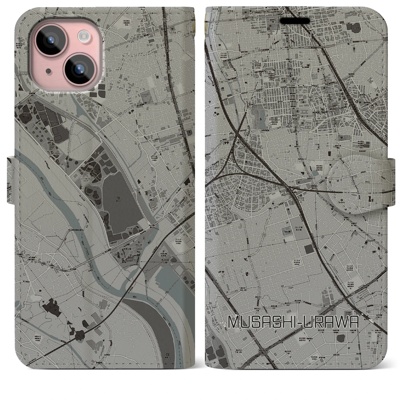 【武蔵浦和(埼玉県)】地図柄iPhoneケース(手帳タイプ)モノトーン・iPhone 15 Plus 用