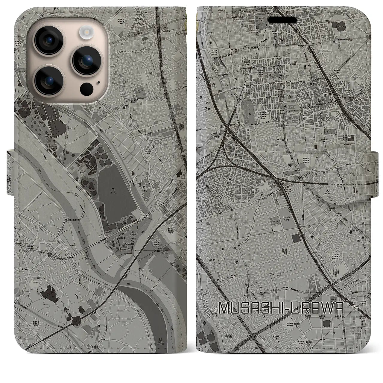 【武蔵浦和(埼玉県)】地図柄iPhoneケース(手帳タイプ)モノトーン・iPhone 16 Plus 用