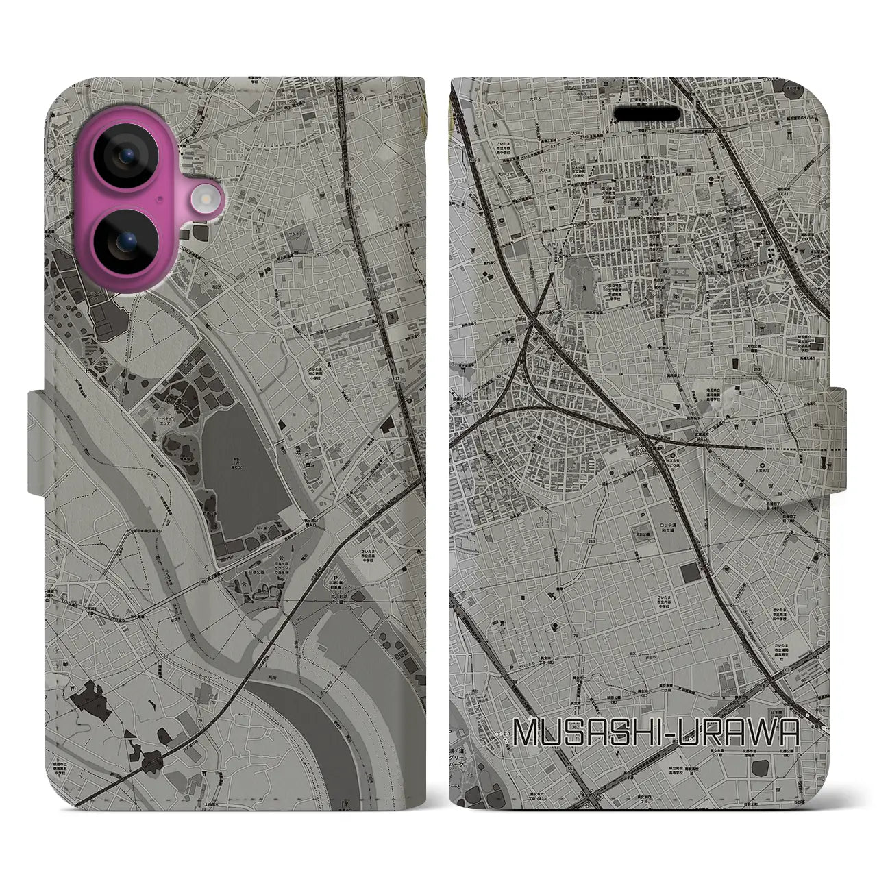 【武蔵浦和(埼玉県)】地図柄iPhoneケース(手帳タイプ)モノトーン・iPhone 16 Pro 用
