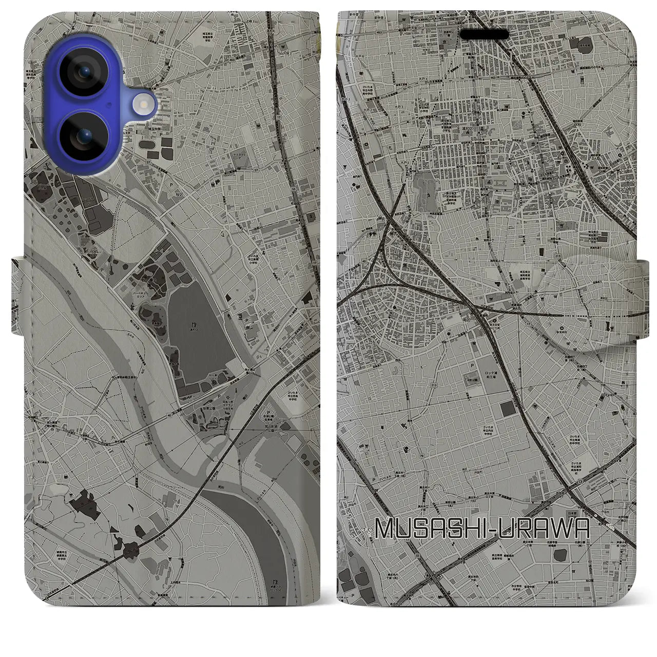 【武蔵浦和(埼玉県)】地図柄iPhoneケース(手帳タイプ)モノトーン・iPhone 16 Pro Max 用