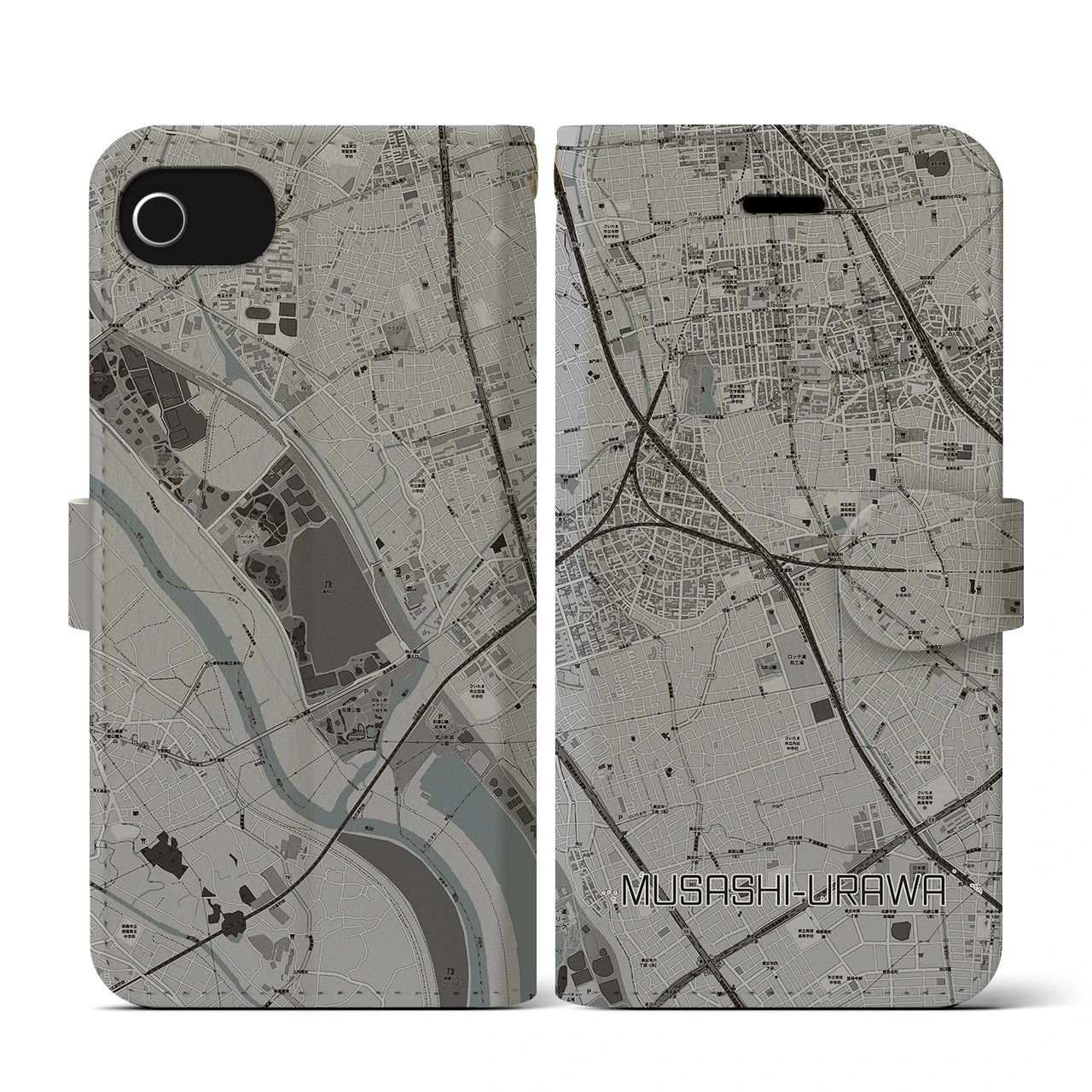 【武蔵浦和(埼玉県)】地図柄iPhoneケース(手帳タイプ)モノトーン・iPhone SE(第3 / 第2世代) / 8 / 7 / 6s / 6 用