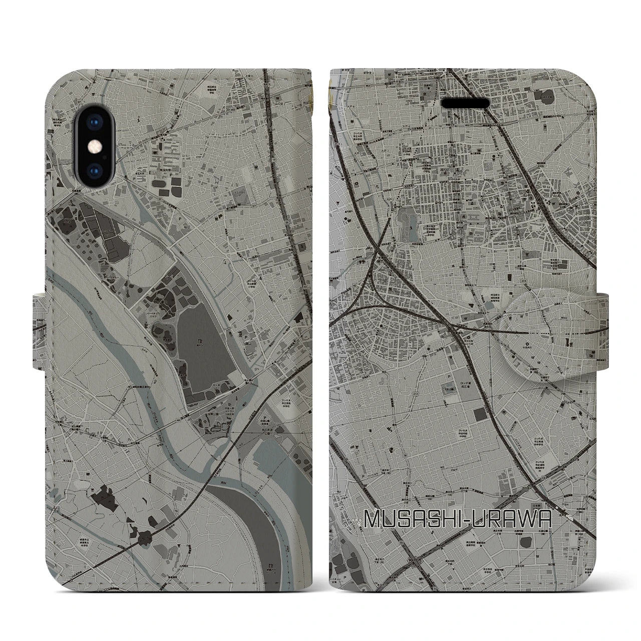 【武蔵浦和(埼玉県)】地図柄iPhoneケース(手帳タイプ)モノトーン・iPhone XS / X 用