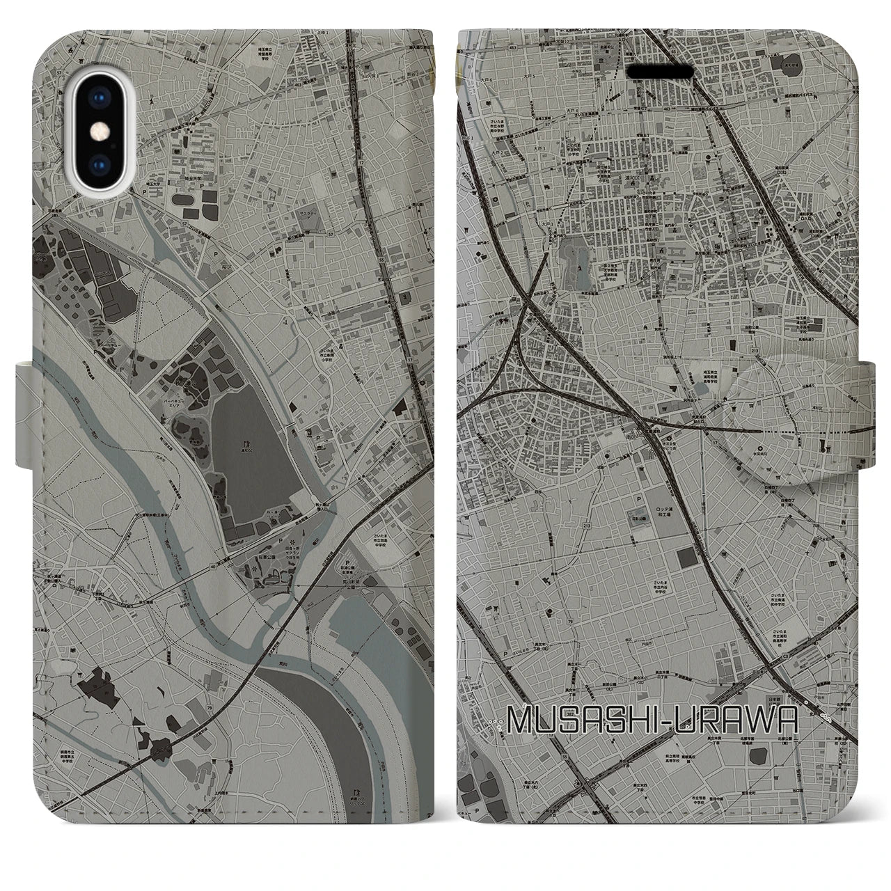 【武蔵浦和(埼玉県)】地図柄iPhoneケース(手帳タイプ)モノトーン・iPhone XS Max 用