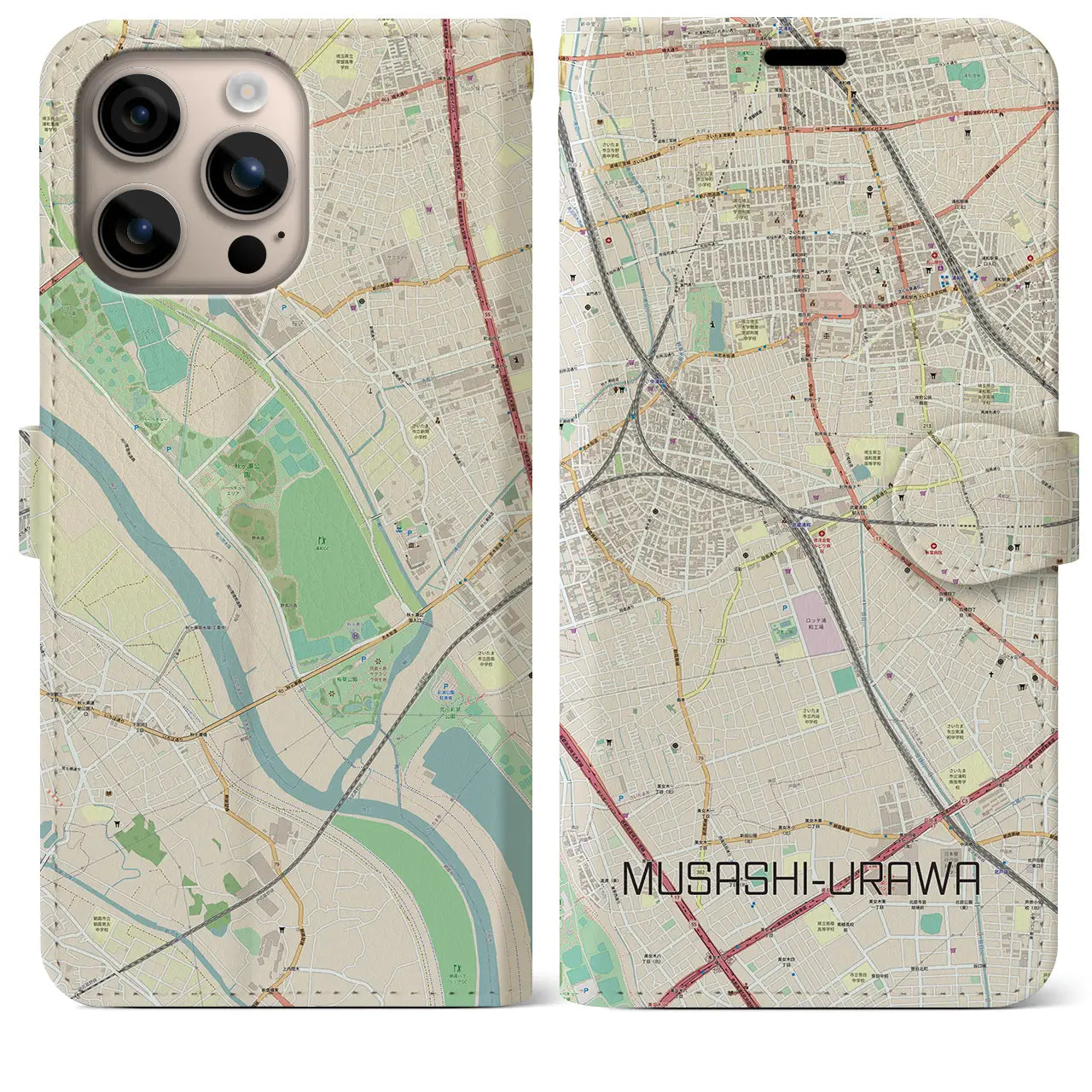 【武蔵浦和(埼玉県)】地図柄iPhoneケース(手帳タイプ)ナチュラル・iPhone 16 Plus 用
