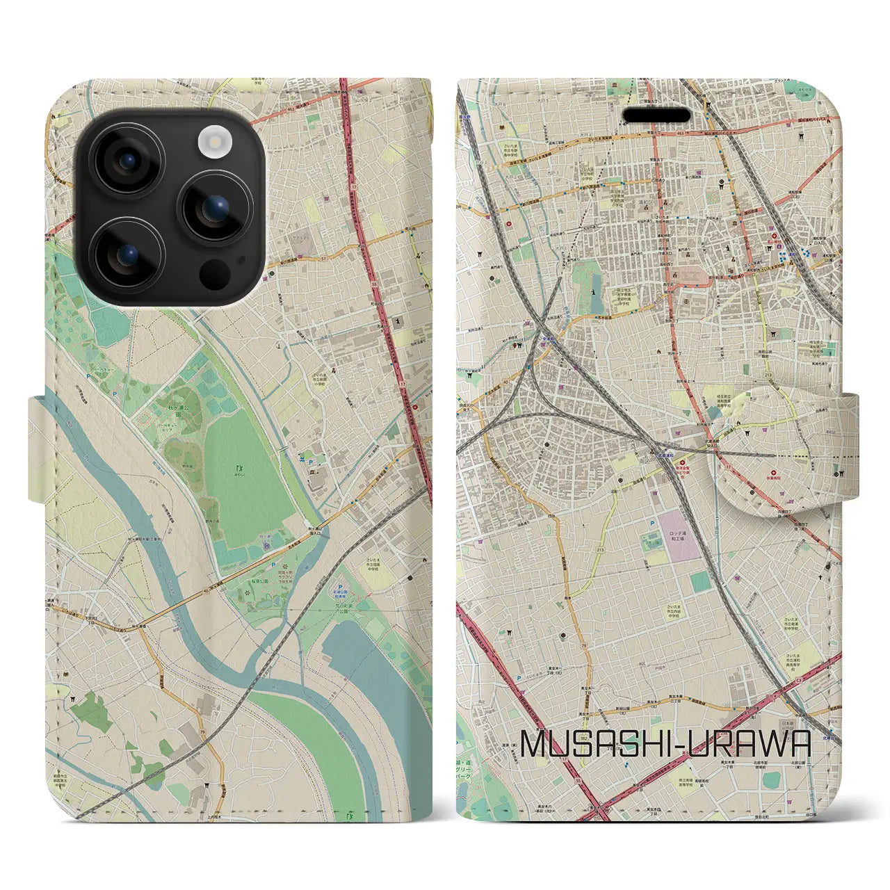 【武蔵浦和(埼玉県)】地図柄iPhoneケース(手帳タイプ)ナチュラル・iPhone 16 用
