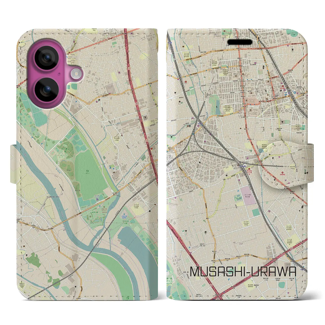 【武蔵浦和(埼玉県)】地図柄iPhoneケース(手帳タイプ)ナチュラル・iPhone 16 Pro 用