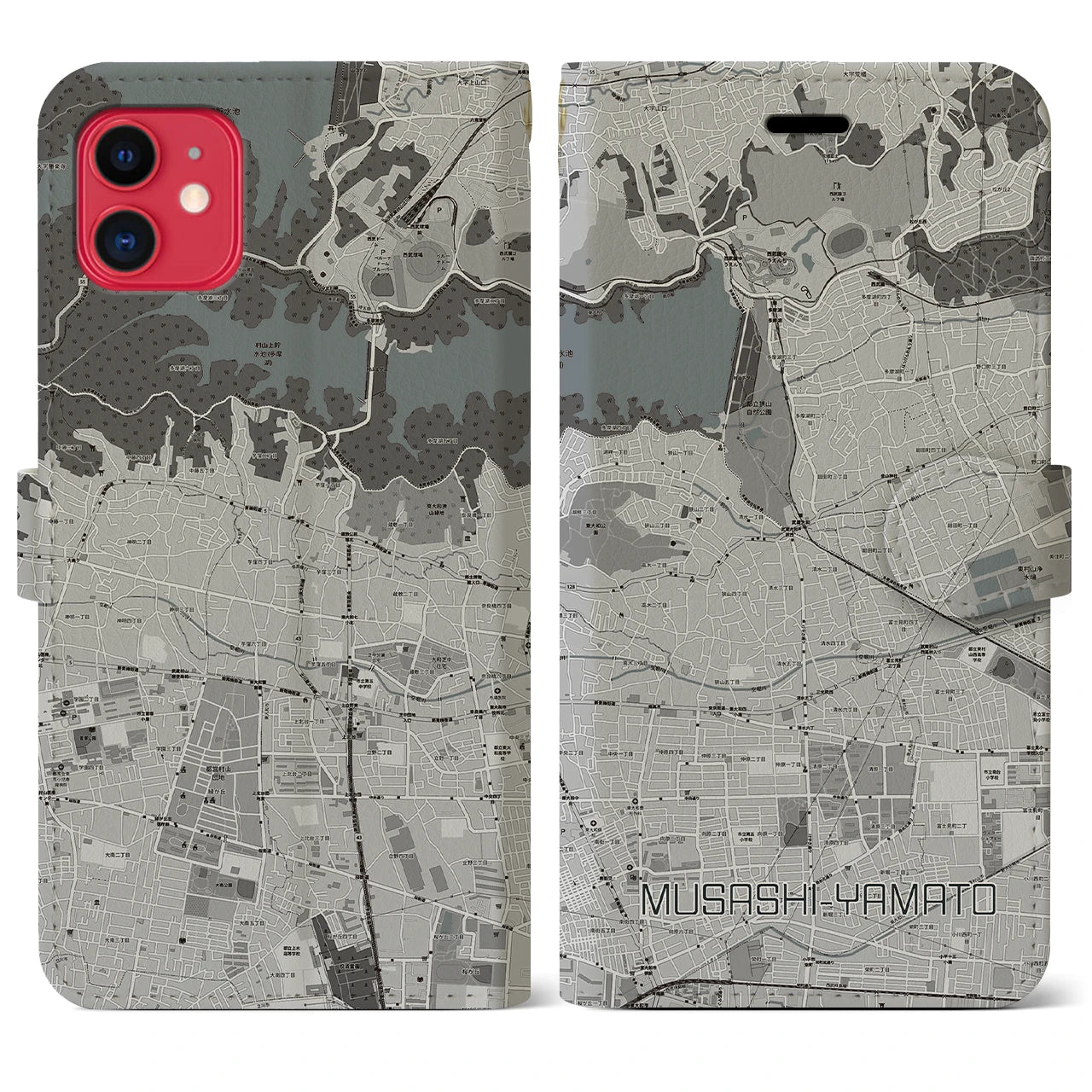 【武蔵大和(東京都)】地図柄iPhoneケース(手帳タイプ)モノトーン・iPhone 11 用