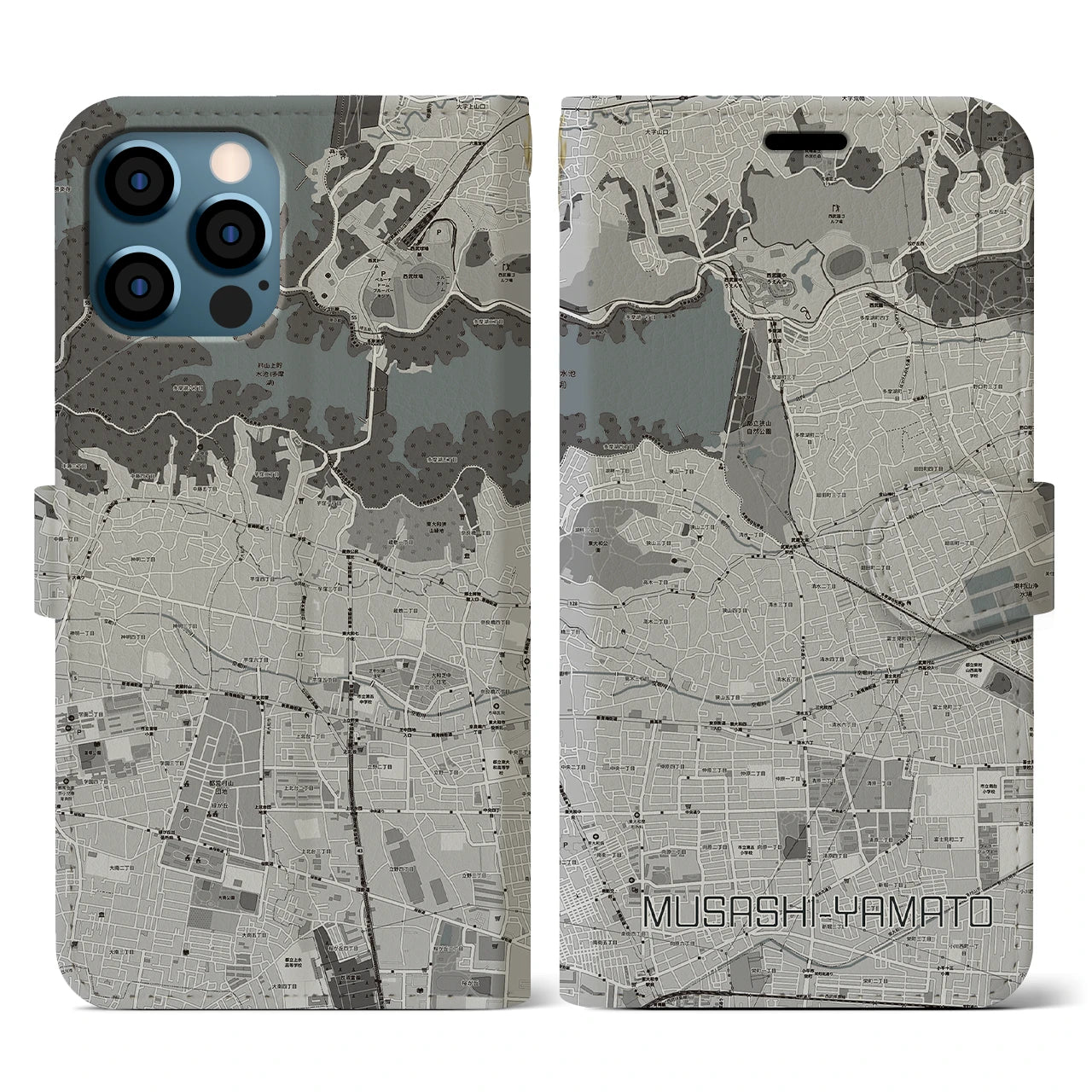 【武蔵大和(東京都)】地図柄iPhoneケース(手帳タイプ)モノトーン・iPhone 12 / 12 Pro 用